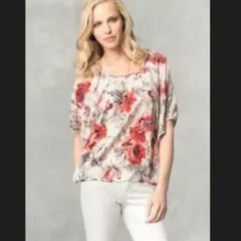 CABI 399 Red Gray Pink Floral print Silk Blouse SZ Small - X-Small